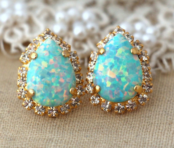 Opal Earrings,Opal stud earrings,Mint earrings,Mint opal earrings,Gift for her,Christmas gift,Swarovski earrings,Crystal Swarovski Studs