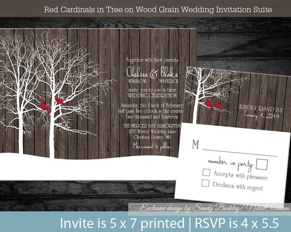 Rustic Woodland Winter Wedding Invitations Country Winter Landscape with Trees and Red Cardinals on Wood Grain Printable File