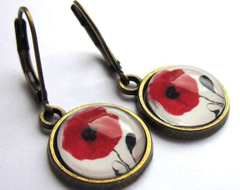 Red Poppy Earrings Bronze Flower Hippy Boho Fashion Jewelry