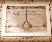 Photo art greeting card 'Be still and listen for what you already know', inspirational quote, sepia, christmas gift, blank notecard, brown