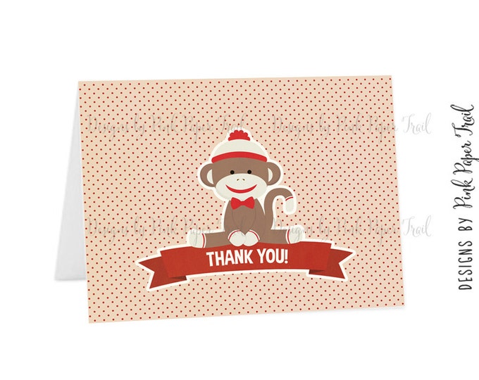 Sock Monkey Thank You Card for Boys, Instant Download, Print Your Own