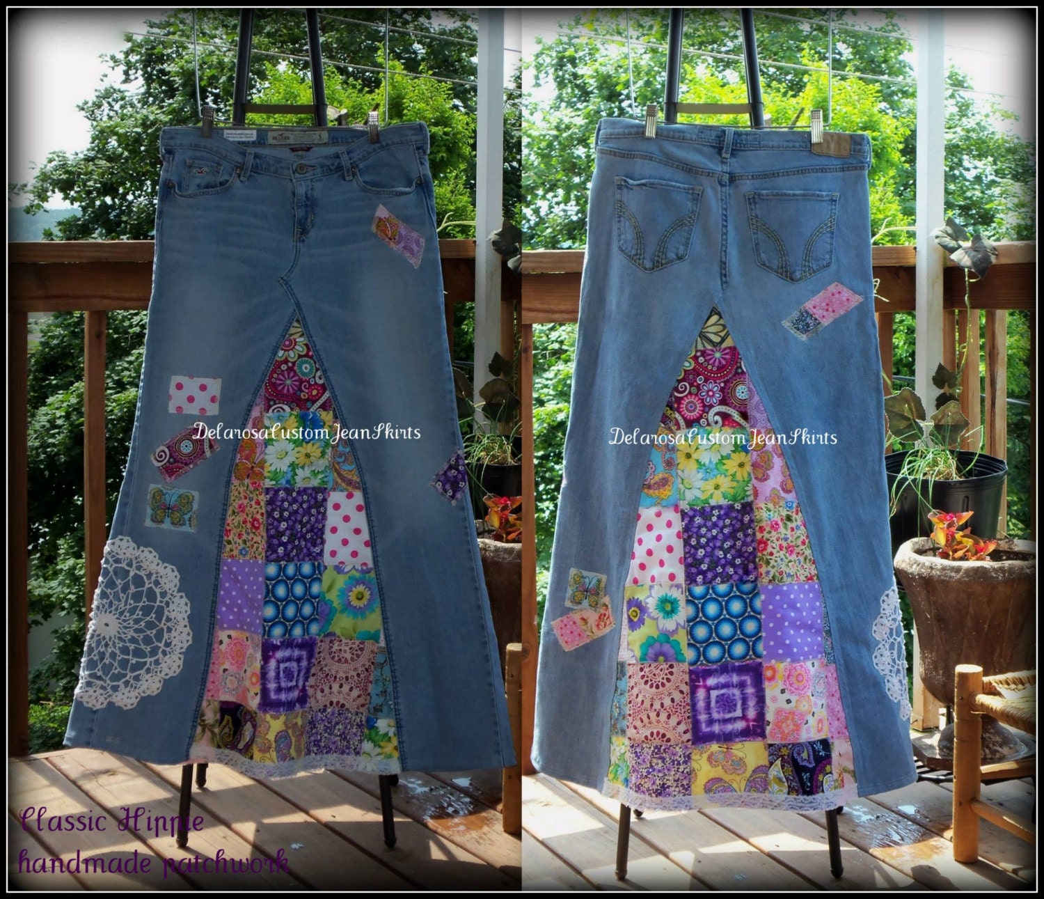 Classic Hippie patchwork Long Jean Skirt by CustomJeanSkirts