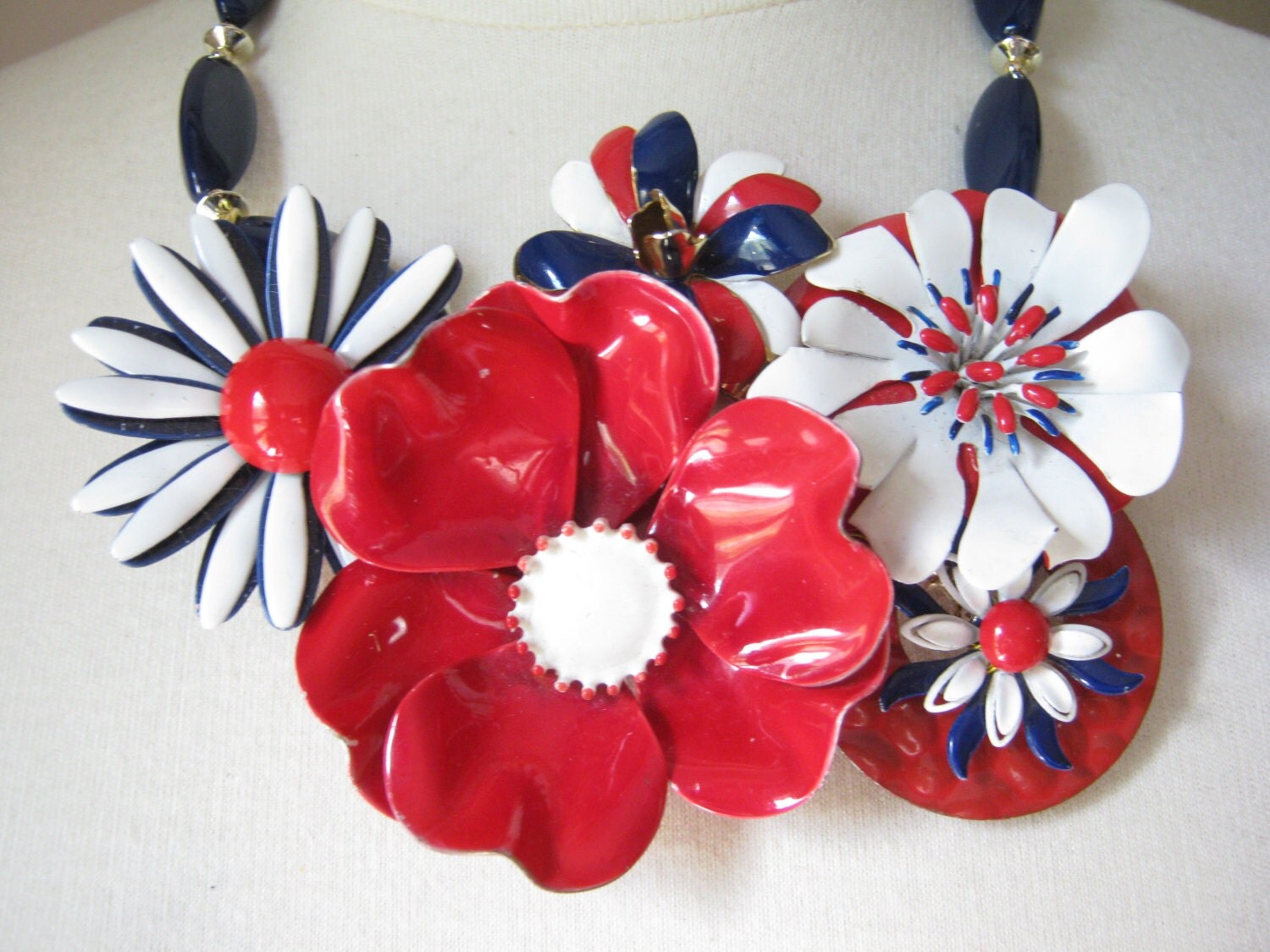 Vintage Enamel Flower Necklace Statement Bib Red Collage