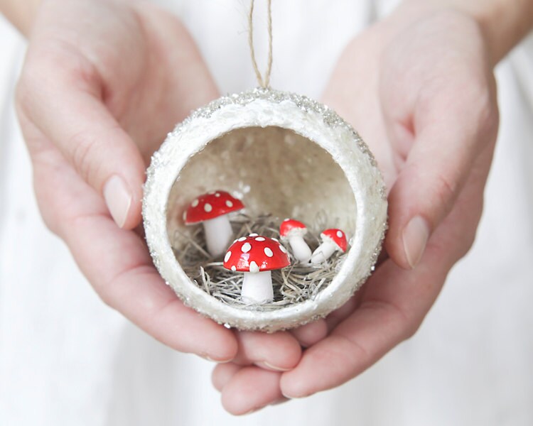 Diorama Christmas Ornament with Spun Cotton Mushrooms Mica