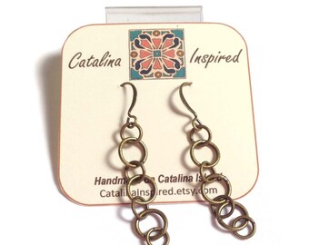 Antiqued Gold, Brass, Bronze Long Circles Earrings With Gold-Plated Brass Earwires