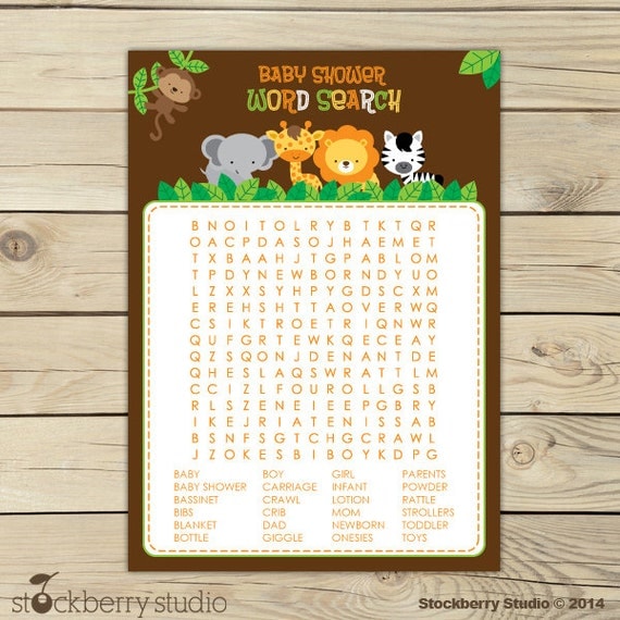 Safari Animals Baby Shower Word Search Game - Jungle Baby ...