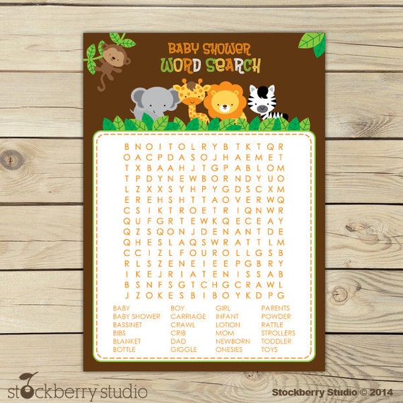 Safari Animals Baby Shower Word Search Game - Jungle Baby Shower Games ...