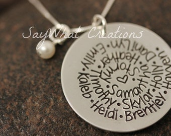 Sterling Silver Hand Stamped Swirl Names Spiral Necklace Grandmothers Mothers Perfect for lots of names Sterling Silver