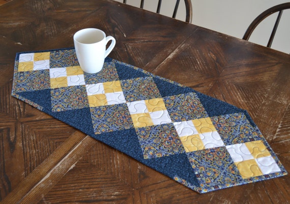 Blue Patchwork Quilted Table Runner Double Four Patch Yellow