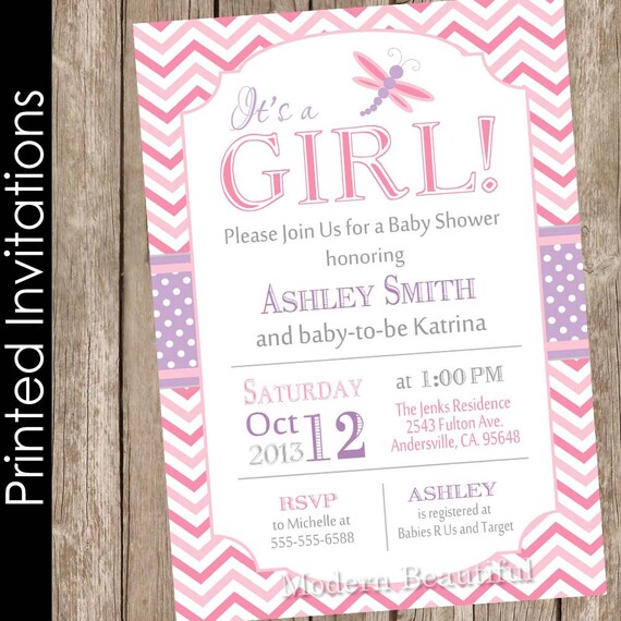 196 New baby shower party dj 398 Printed Dragonfly baby shower invitation, pink and purple baby shower   