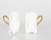 Ceramic white and gold handbuilt cups. Porcelain mugs for coffee or tea.