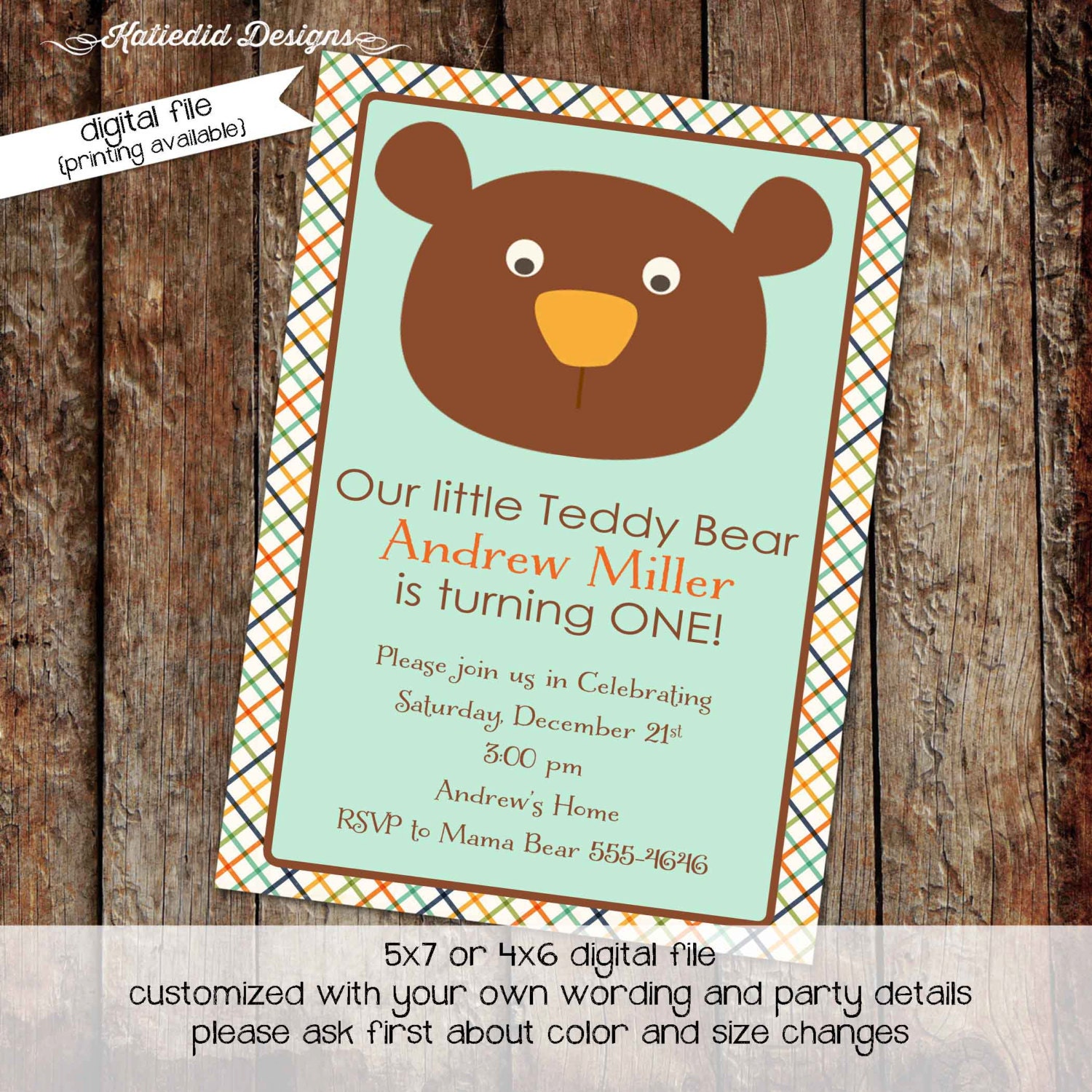 birthday party invitations with teddy bear theme digital