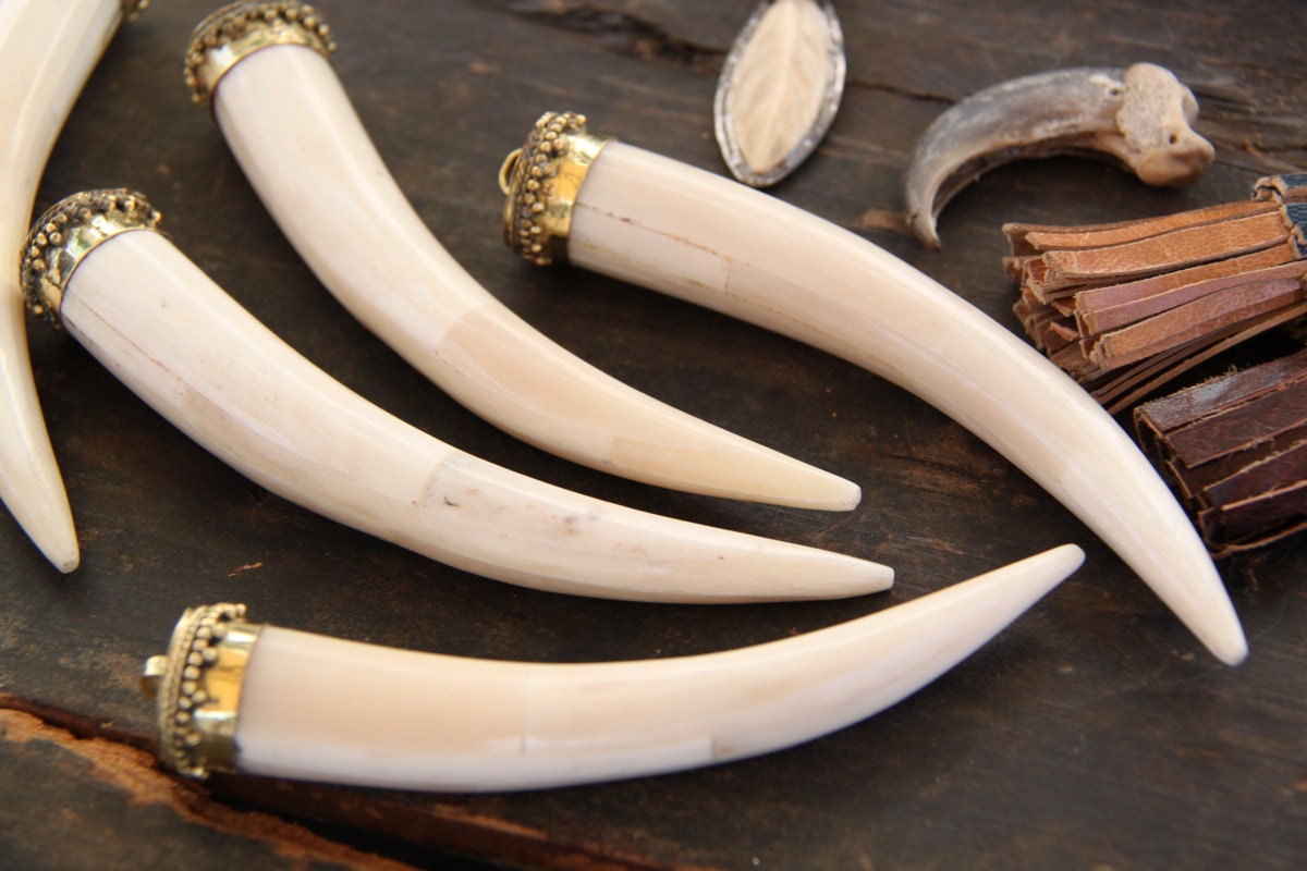 Large Tusk Natural Inlaid Bone Brass Pendant Nepali Tribal