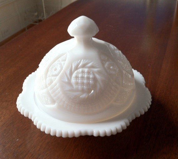Milk Glass Butter Dish by L.E. Smith vintage 1950s