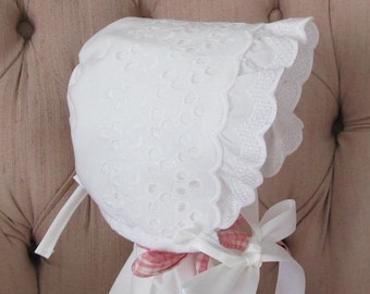 Extra Large Baby Bonnet, Easter Bonnet, Eyelet Baby Bonnet, Christening Bonnet, Baptism Bonnet,Sunbonnet, Ruffled Eyelet Bonnet