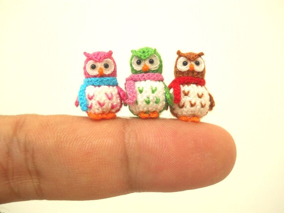 Three Micro Mini Owls Tiny Amigurumi Crochet Miniature Owl