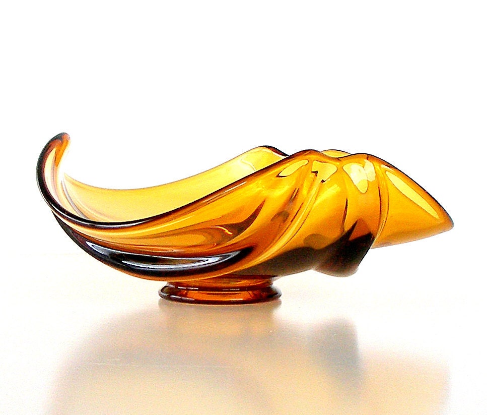 Vintage Hand Blown Amber Glass Bowl 1960s Mid Century Modern