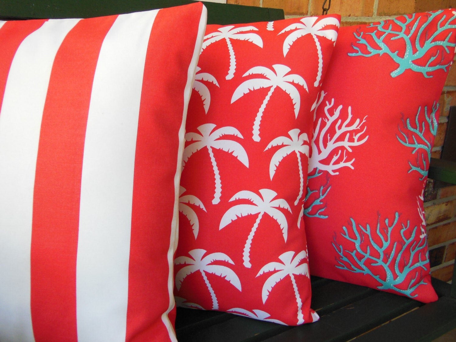 Red/ Coral Aqua OUTDOOR Beach Pillow Cover Decorative Nautical