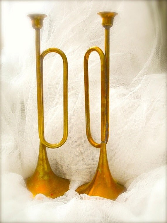 Vintage large BRASS MUSICAL HORNS candlesticks or musical horn