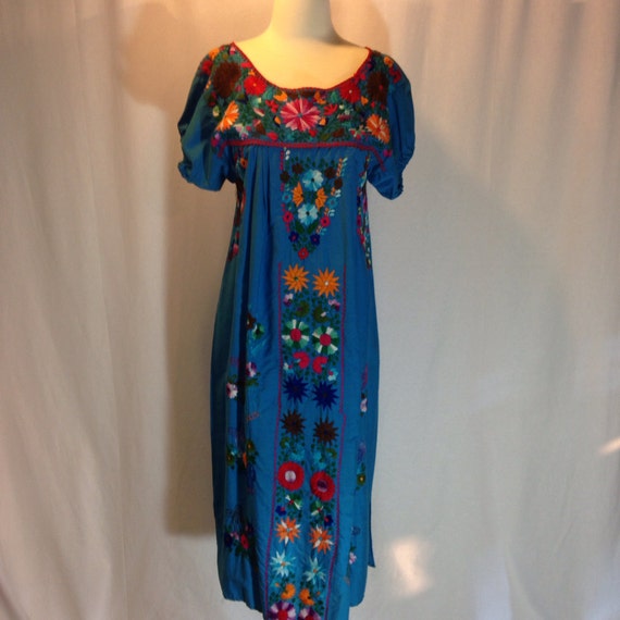 Vintage Blue Mexican Embroidered Dress 100 Percent Cotton