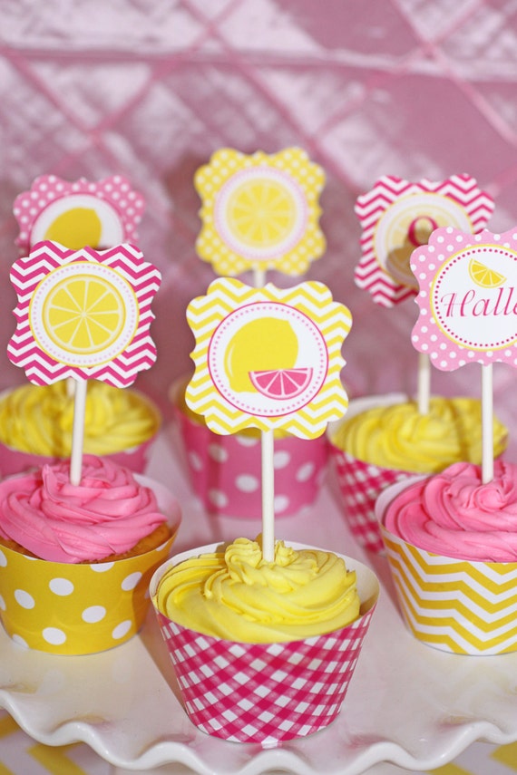 Pink Lemonade Sunshine Birthday Party PRINTABLE Cupcake Toppers summer lemons pink yellow DIY Il_570xn