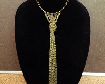 Statement tie necklace, modern chain bib necklace in antique brass tone, long chain fringe necklace