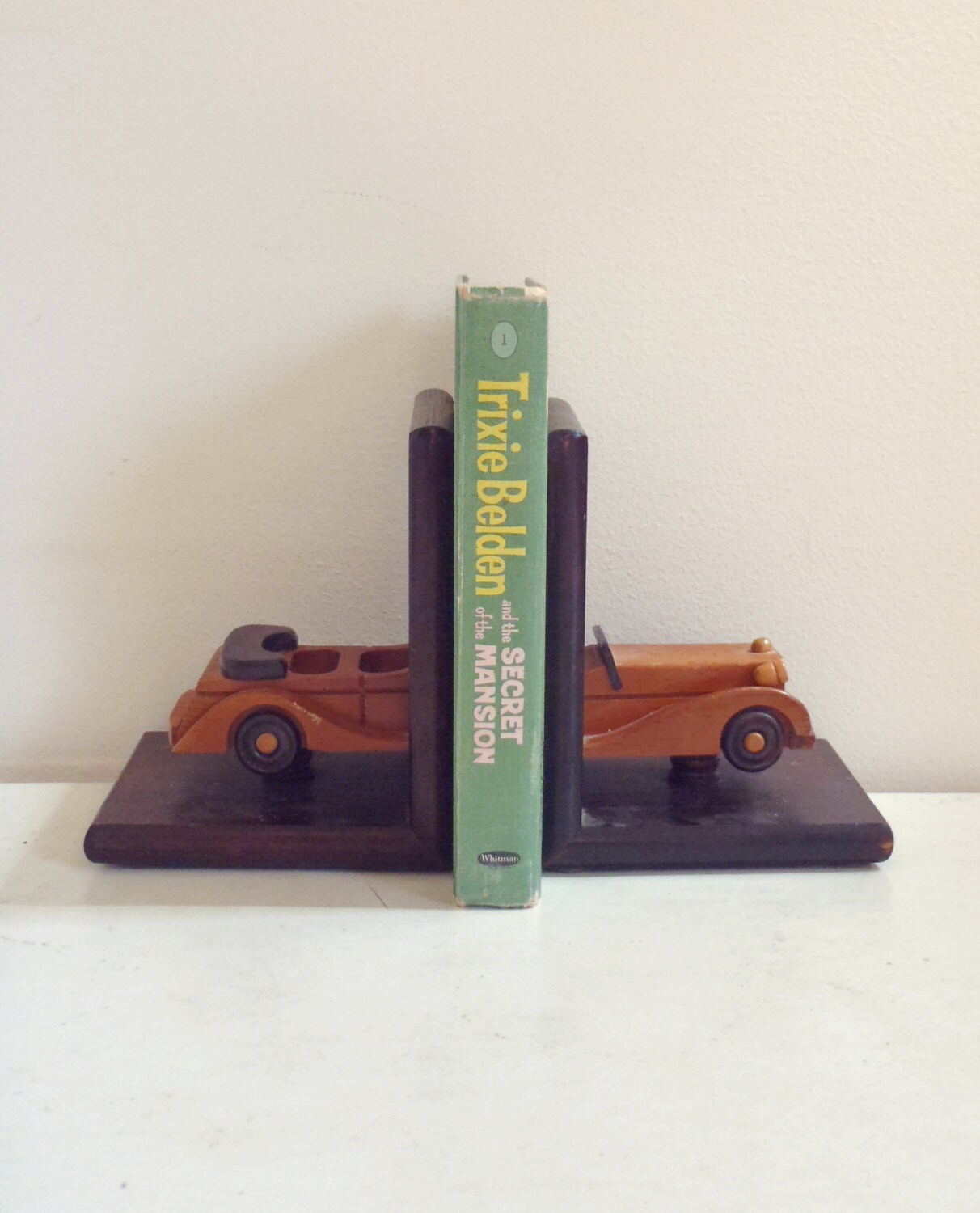 Vintage wooden car bookends / wood convertible / by OldSchoolSwank