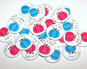 Pumpkin Gender Reveal Party Halloween Set of 24 Buttons Baby Shower Favor 1" or 1.5" or 2.25" Pin Back Button Pink Blue Fall Thanksgiving