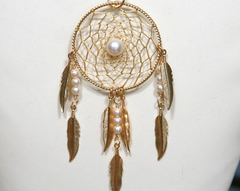 Dream Catcher Large Gold & Pearl Dreamcatcher Necklace with Feathers