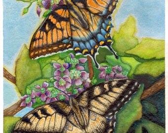 Yellow Butterflies with Flowers Art Print