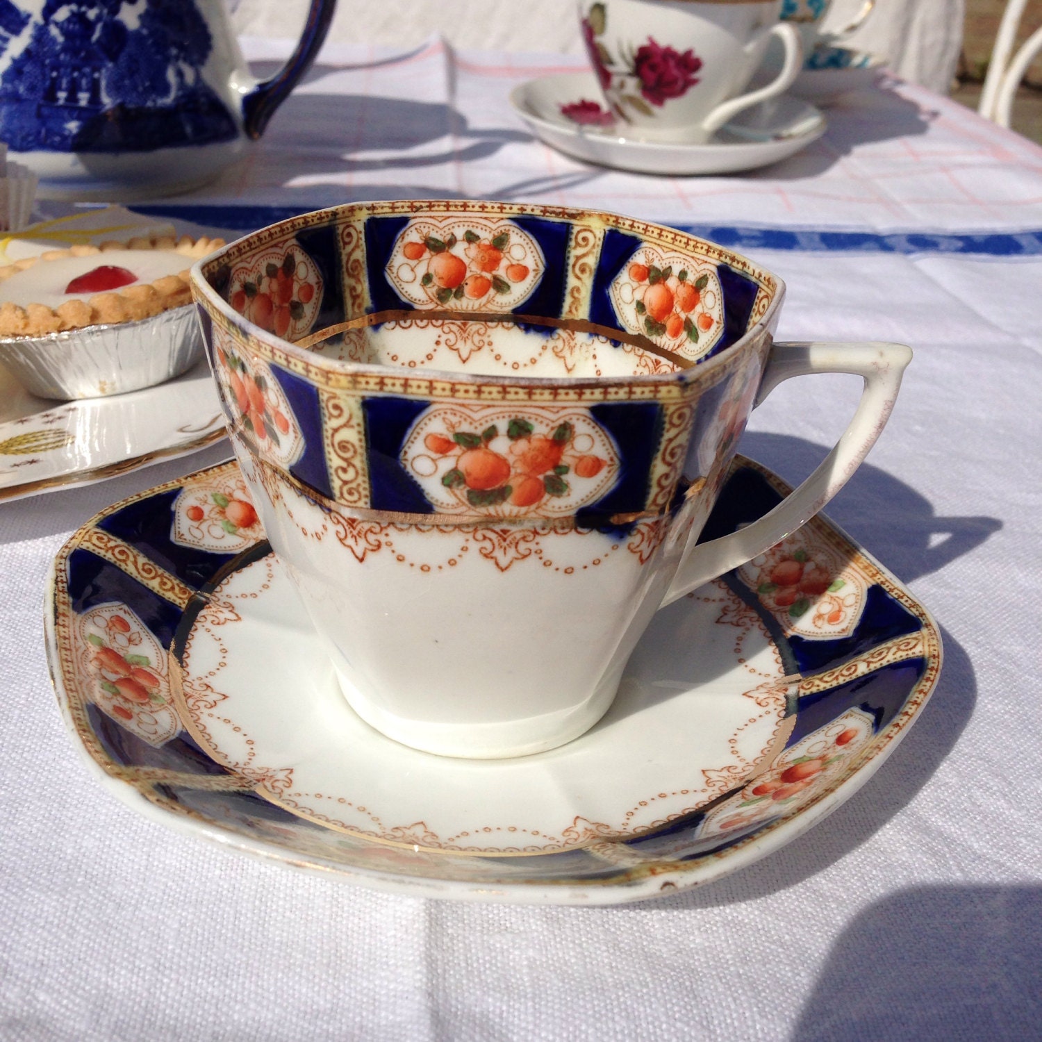 Navy Blue and Orange oxagonal Tea Cup and Saucer Stand