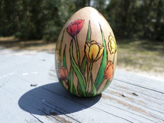 wood egg Tulip flower wood burning pyrography