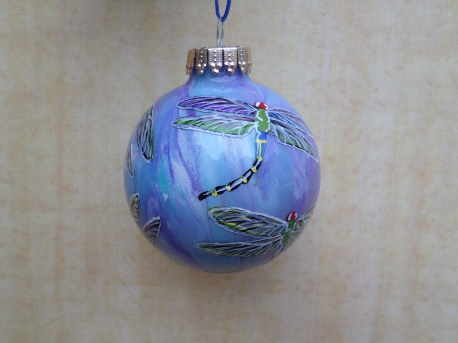 hand painted glass ornament with dragonflies purple blue hand painted glass ornament with dragonflies purple blue