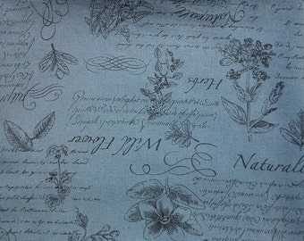 Vintage-style plants, soft pale blue, fat quarter, pure cotton fabric