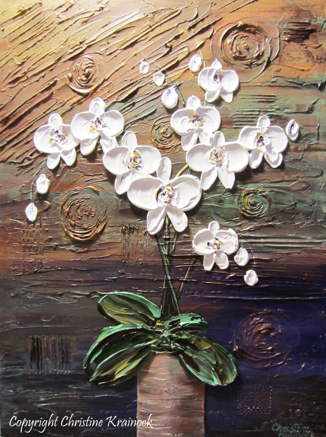 ORIGINAL Art Abstract Painting Orchids White Flowers Sculpted