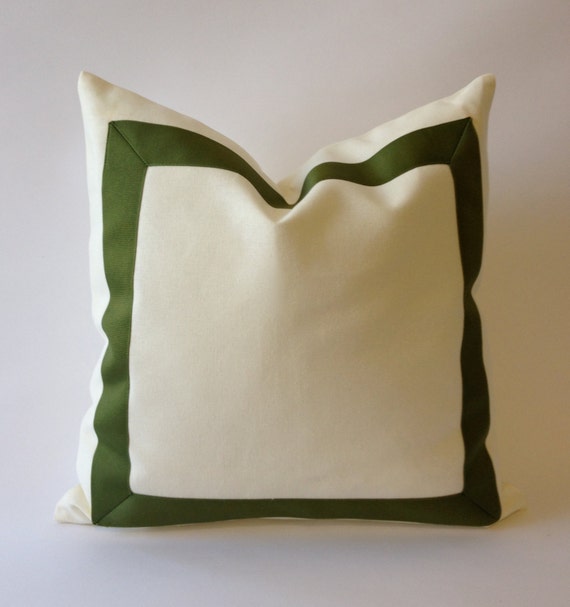 Decorative Pillow Cover White Cotton Canvas with Olive Green