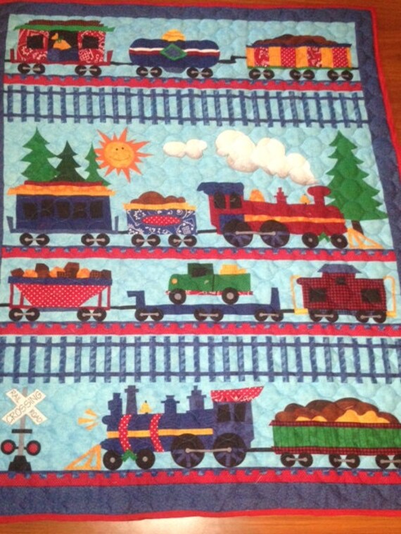 Items similar to Baby,Toddler/Child Blue Train Quilted Blanket , Ready