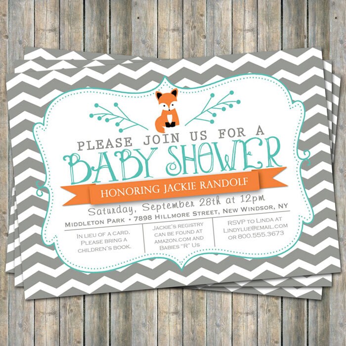 large chevron fox baby shower invitation orange and