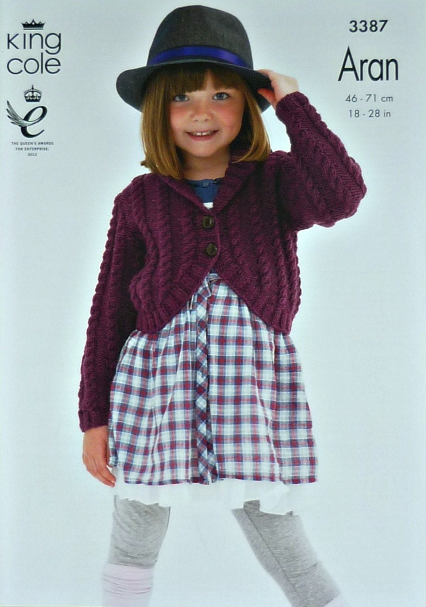 Girls Knitting Pattern K3387 Childrens Long Sleeve Roll Collar Cable Bolero K...