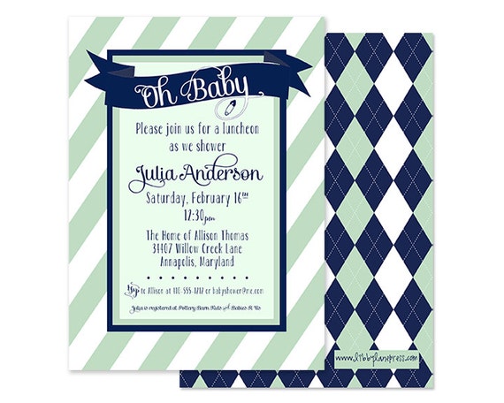 PREPPY STRIPED Baby Shower Invitation, Mint Green and Navy, Argyle, Custom Printable Il_570xn