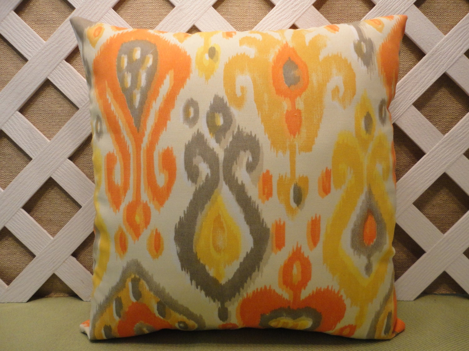 Ikat Pillow Cover in Orange Yellow and Grey by JRsPillowsandBags