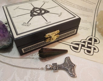 Celtic Pendulum Board Box with Stone Pendulum, Scrying Board, Thor's Hammer Crystal Stone Pendulum, Pagan Wicca Triquetra Pendulum Box