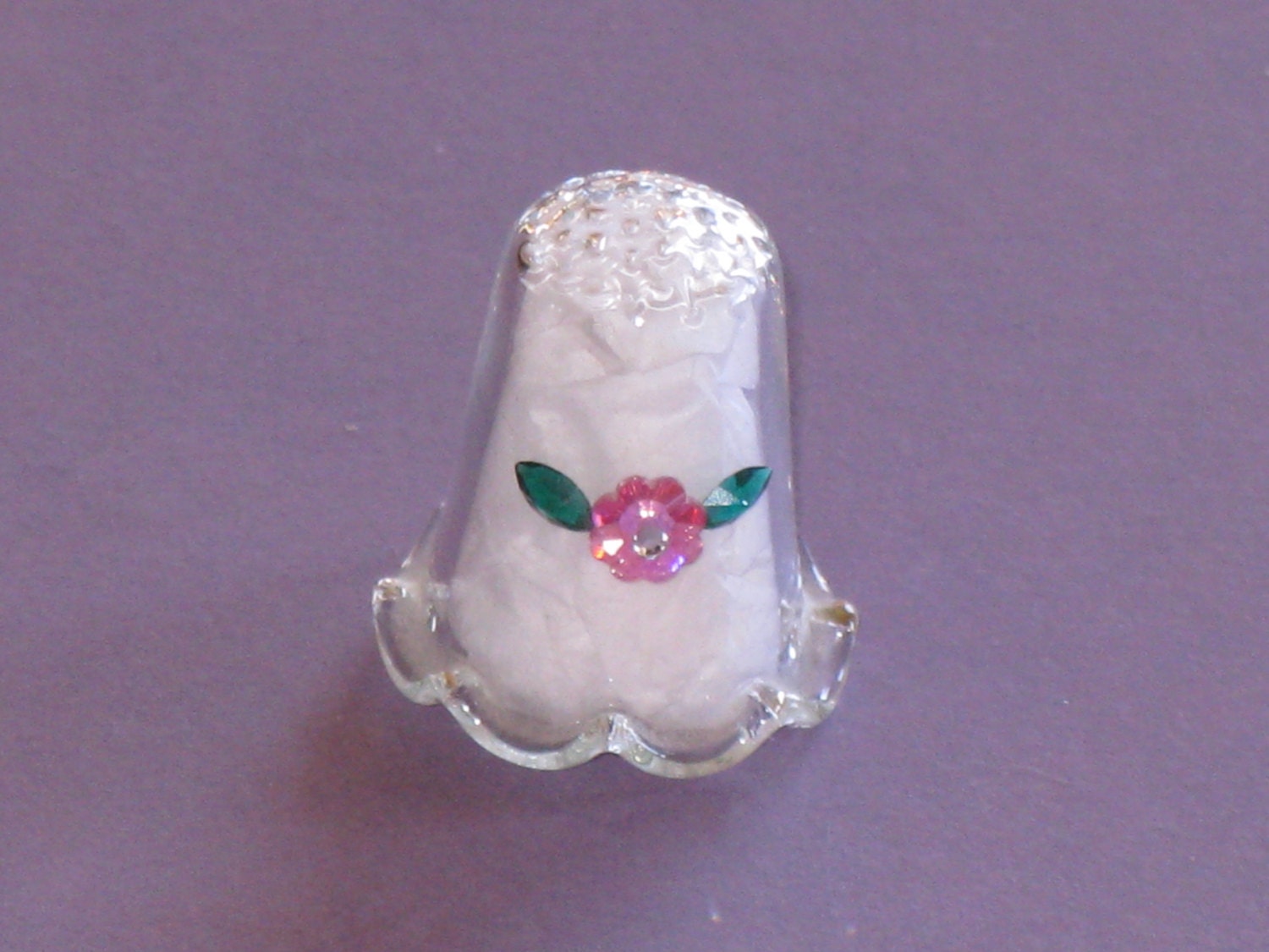 Vintage Glass Thimble with Pink Crystal Flower Decorative