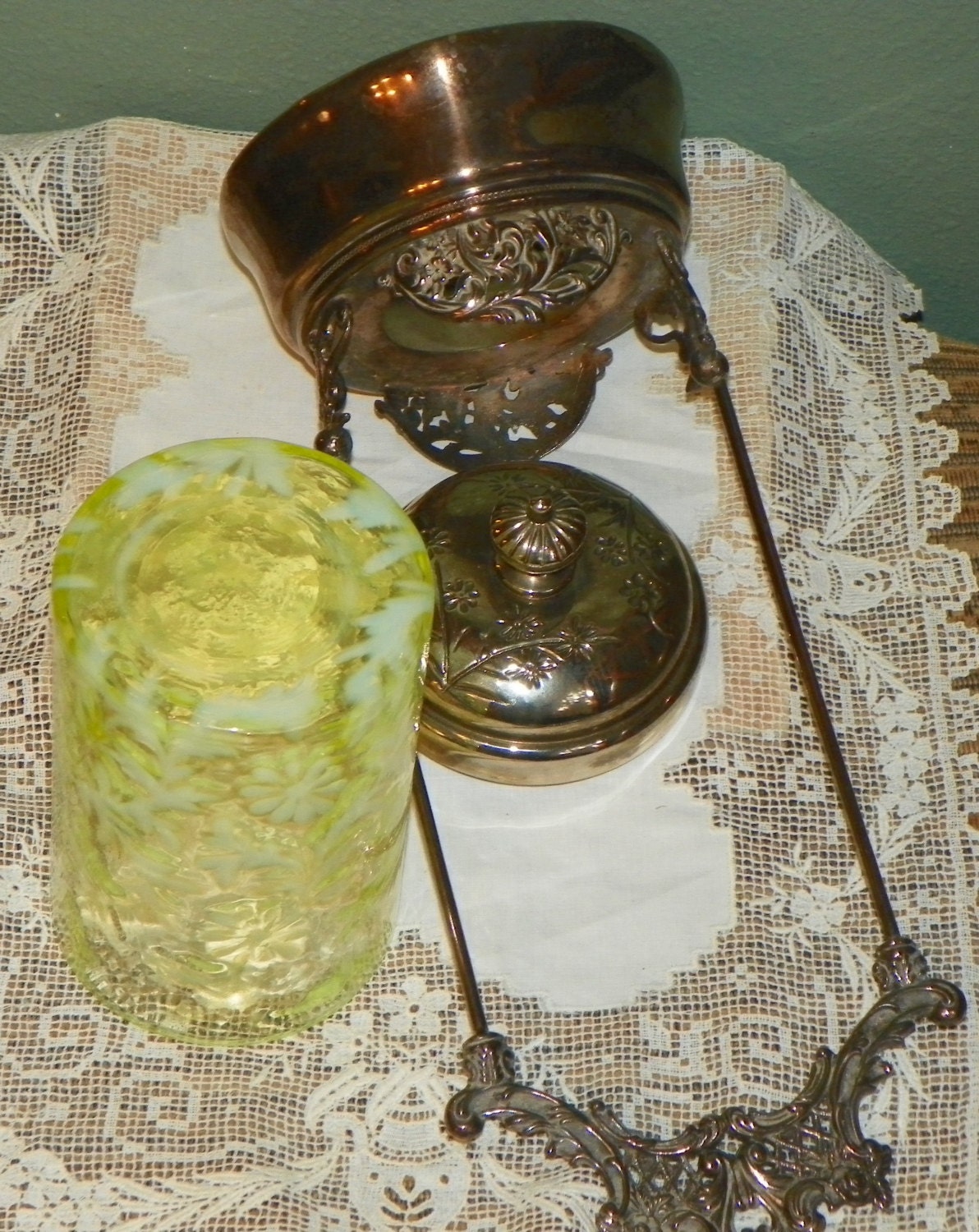 Antique Victorian PICKLE CASTER EAPG Daisy Fern Vaseline Glass