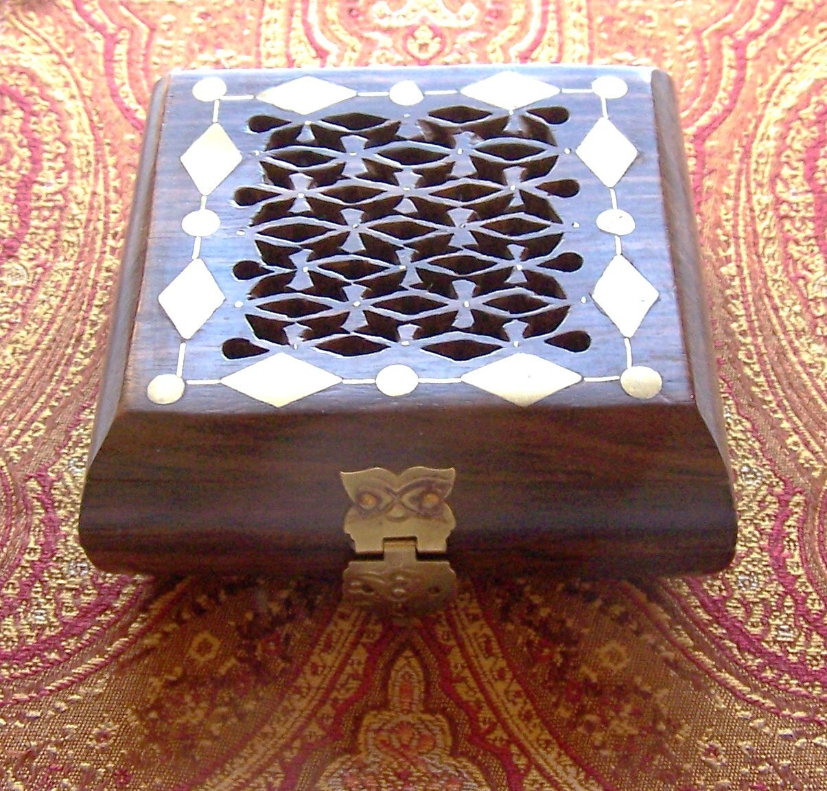 TEAK WOOD BOX With Openwork & Brass Inlay Ornate Brass Hasp and