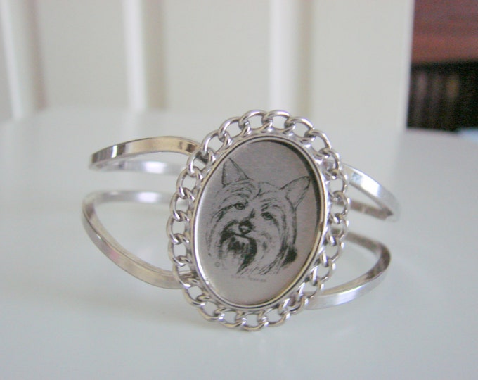 Vintage Clamper Cuff Bracelet / Dog Photo Transfer / Silky Terrier / Jewelry / Jewellery