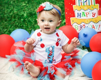 Dr.Suess First Birthday Bodysuit, Girls First Birthday Set, Dr.Suess Birthday, Girls Dr.Suess Birthday, Cat In The Hat Birthday, First Bday