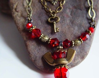 Antique Bronze and Blood Red Beaded Wingnut Angel Necklace with Key Charm