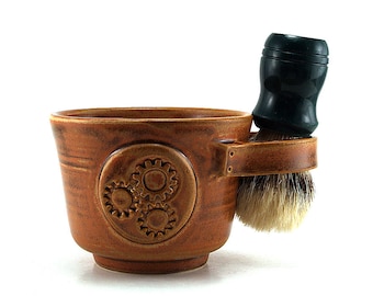 Steampunk Shave Mug: Ready to Ship Brown Mens Husband Gift, Wet Shaving, Steam Punk Pottery for Men - Brush NOT Included
