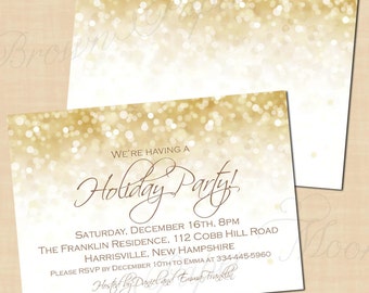 White Gold Sparkles Holiday Party Invitations, Christmas, New Years (7x5, Landscape): Text-Editable in Word, Printable Instant Download